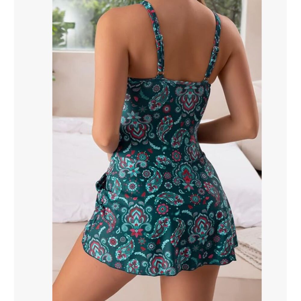 NEW Eomenie Green Paisley Swim Dress Large Adjustable Straps Built In Bra NWT - Picture 2 of 6